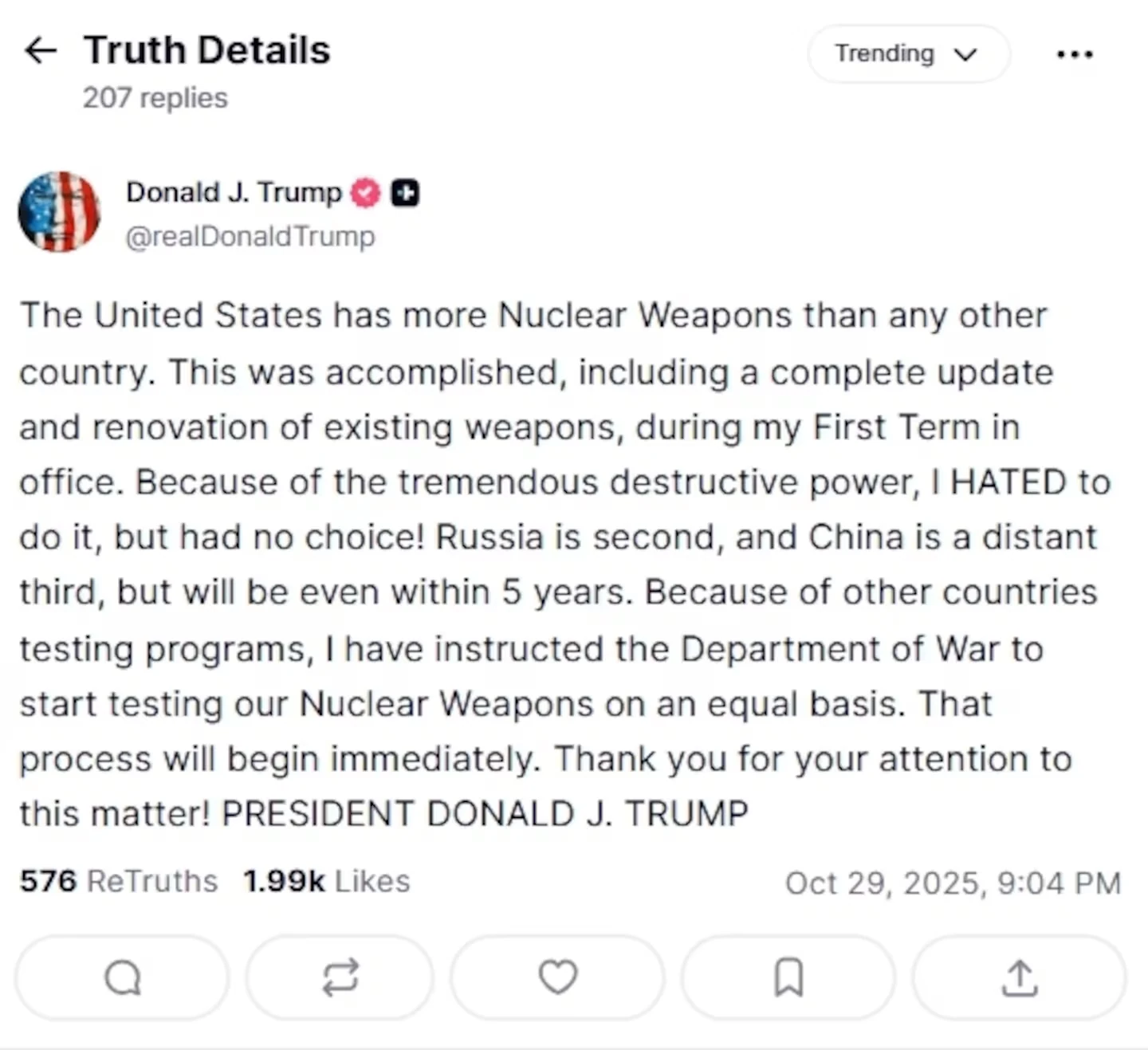 Tổng thống Mỹ chỉ thị Bộ Quốc phòng nối lại thử nghiệm vũ khí hạt nhân