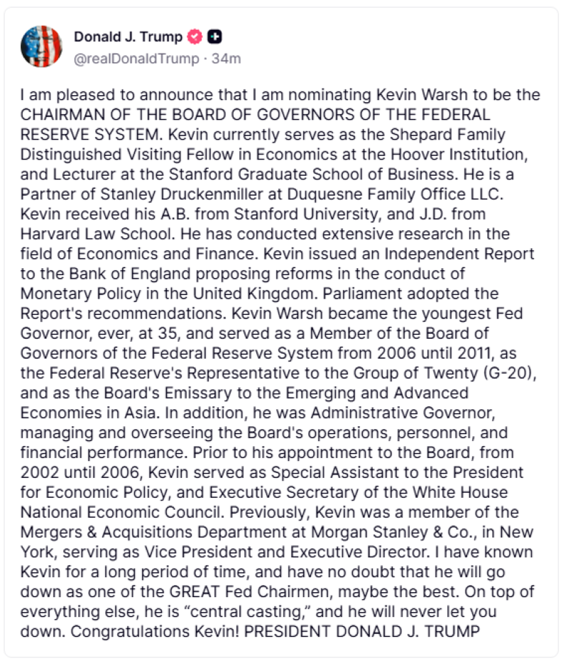 Tổng thống Mỹ Donald Trump đề cử cựu Thống đốc Fed Kevin Warsh làm Chủ tịch FED