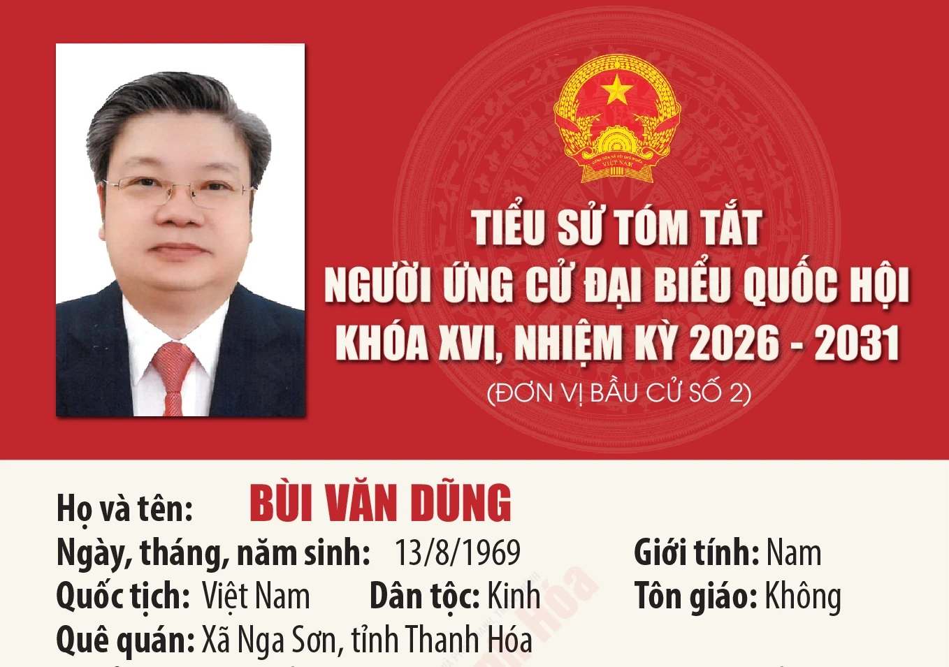 [Infographics] Tiểu sử ứng cử viên Đại biểu Quốc hội khóa XVI Bùi Văn Dũng