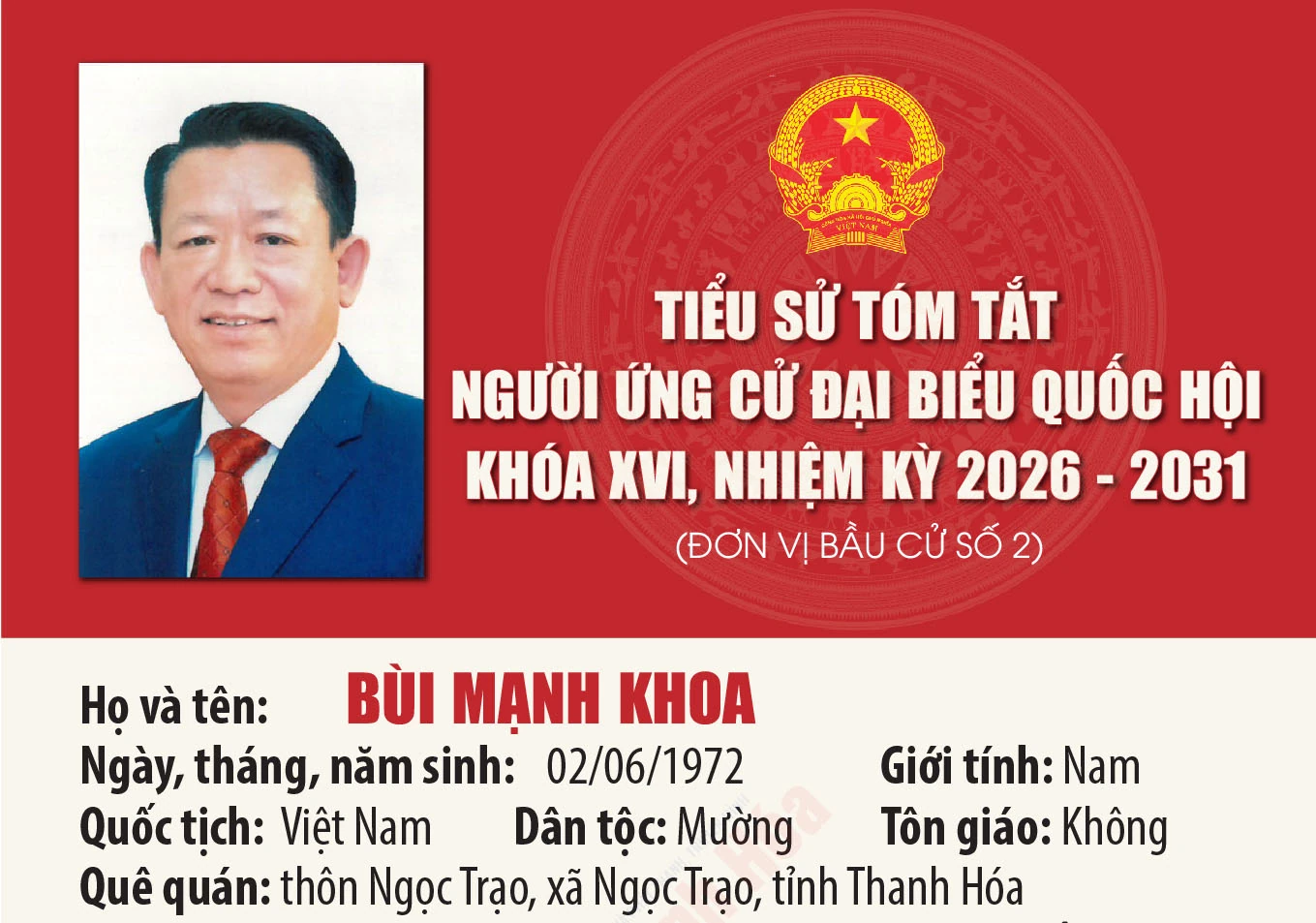 [Infographics] Tiểu sử ứng cử viên Đại biểu Quốc hội khóa XVI Bùi Mạnh Khoa