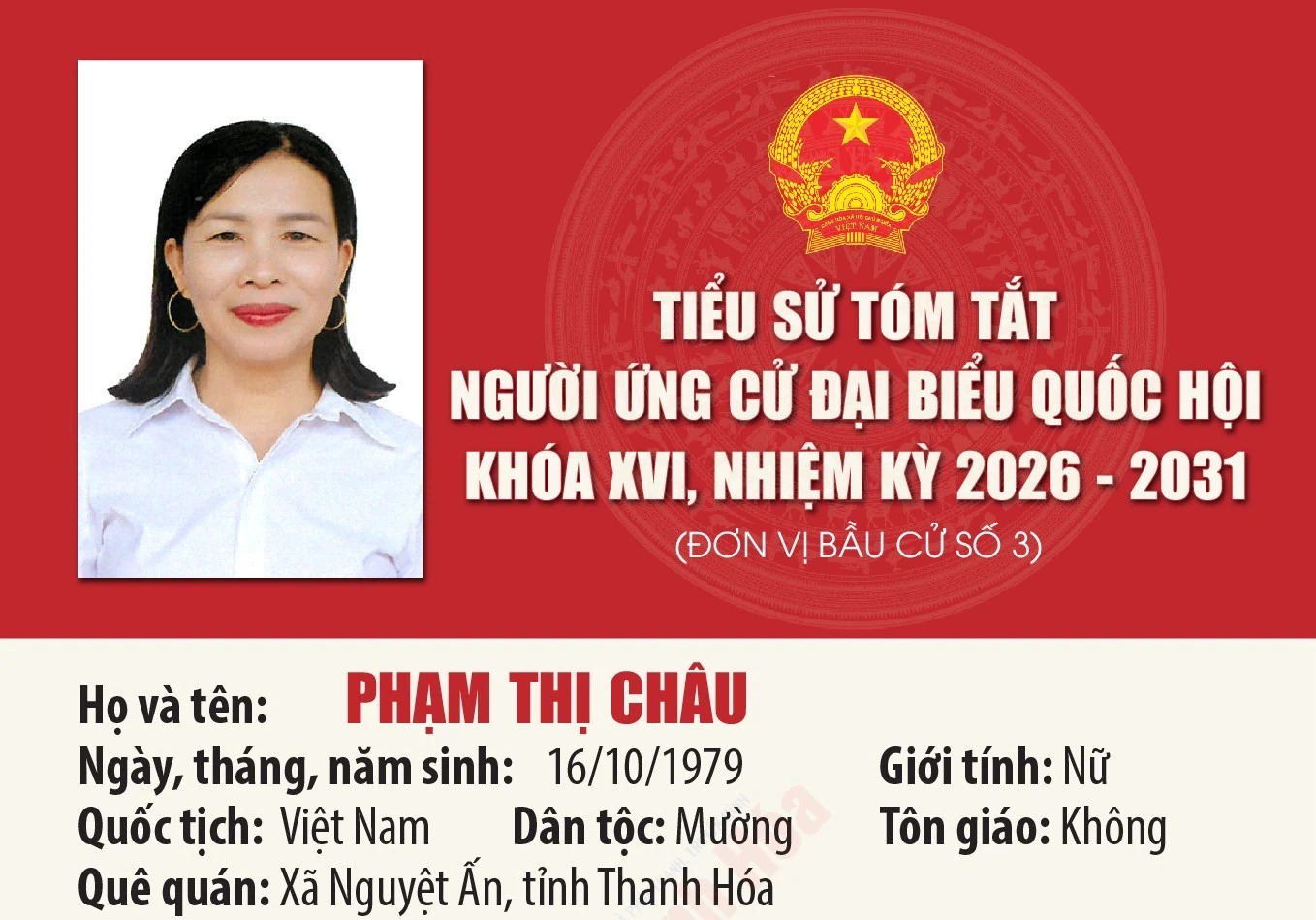 [Infographics] Tiểu sử ứng cử viên Đại biểu Quốc hội khóa XVI Phạm Thị Châu