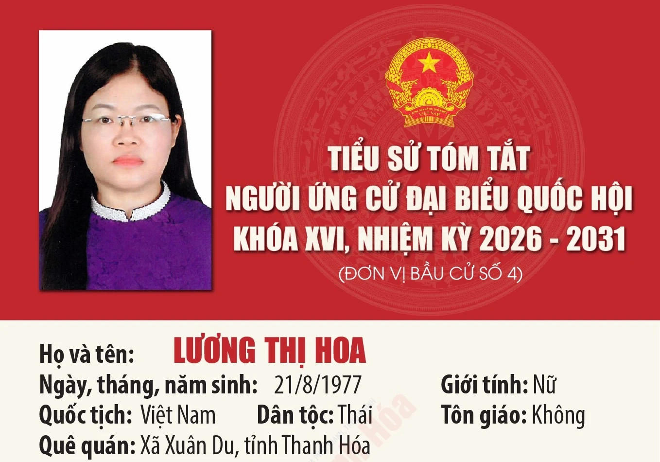 [Infographics] Tiểu sử ứng cử viên Đại biểu Quốc hội khóa XVI Lương Thị Hoa