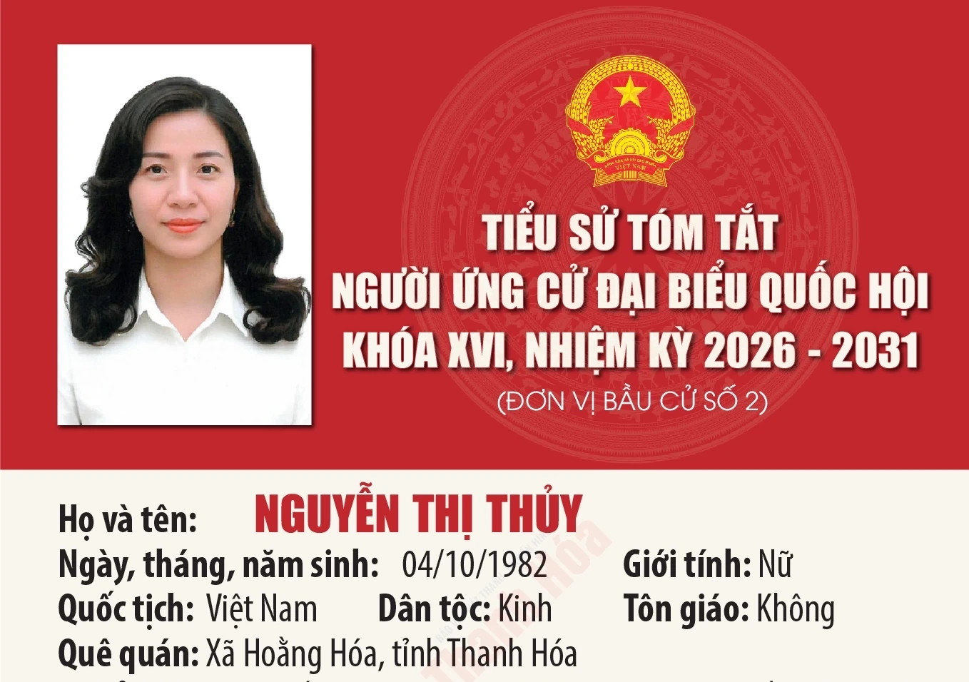 [Infographics] Tiểu sử ứng cử viên Đại biểu Quốc hội khóa XVI Nguyễn Thị Thủy