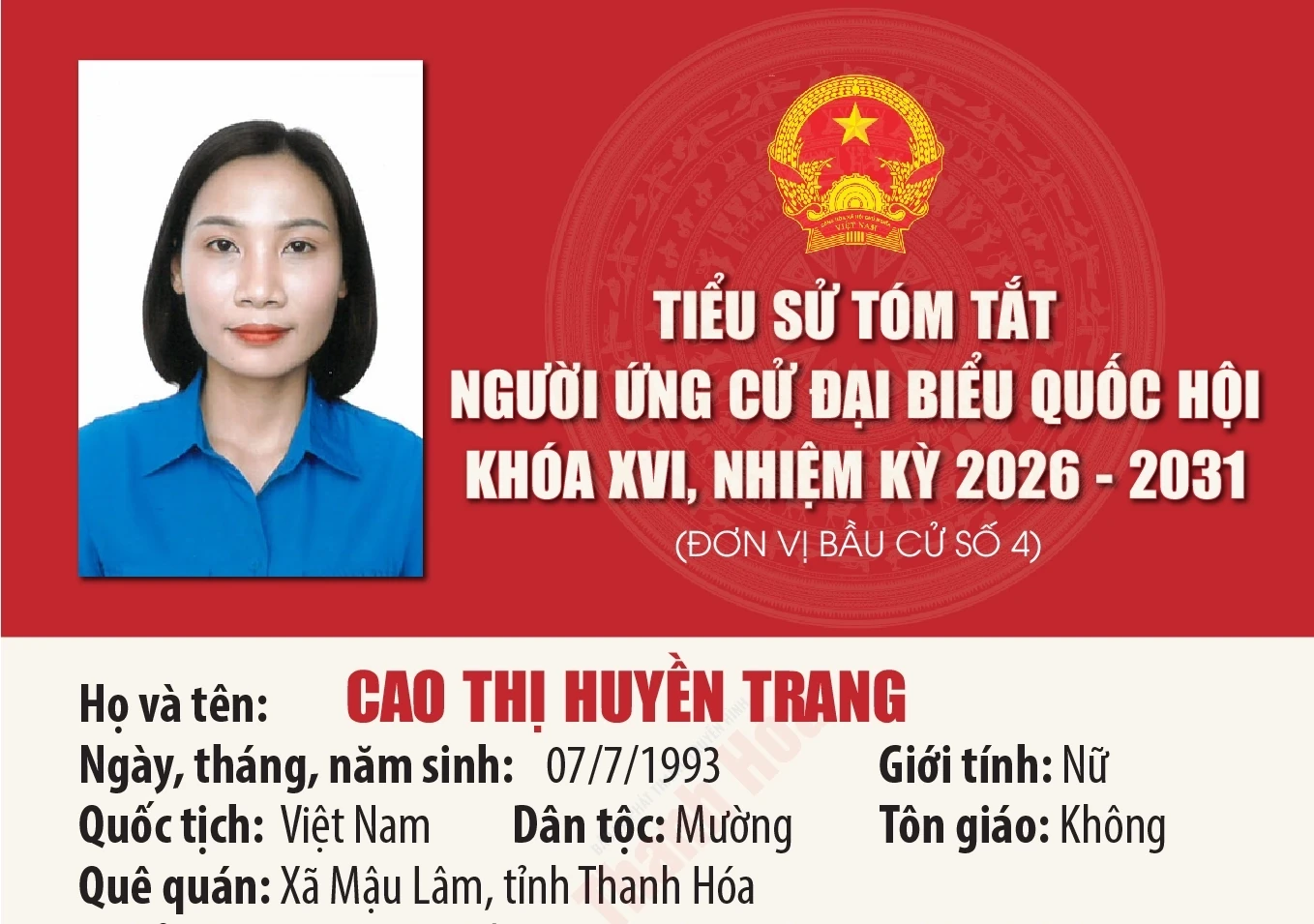 Tiểu sử ứng cử viên Đại biểu Quốc hội khóa XVI Cao Thị Huyền Trang