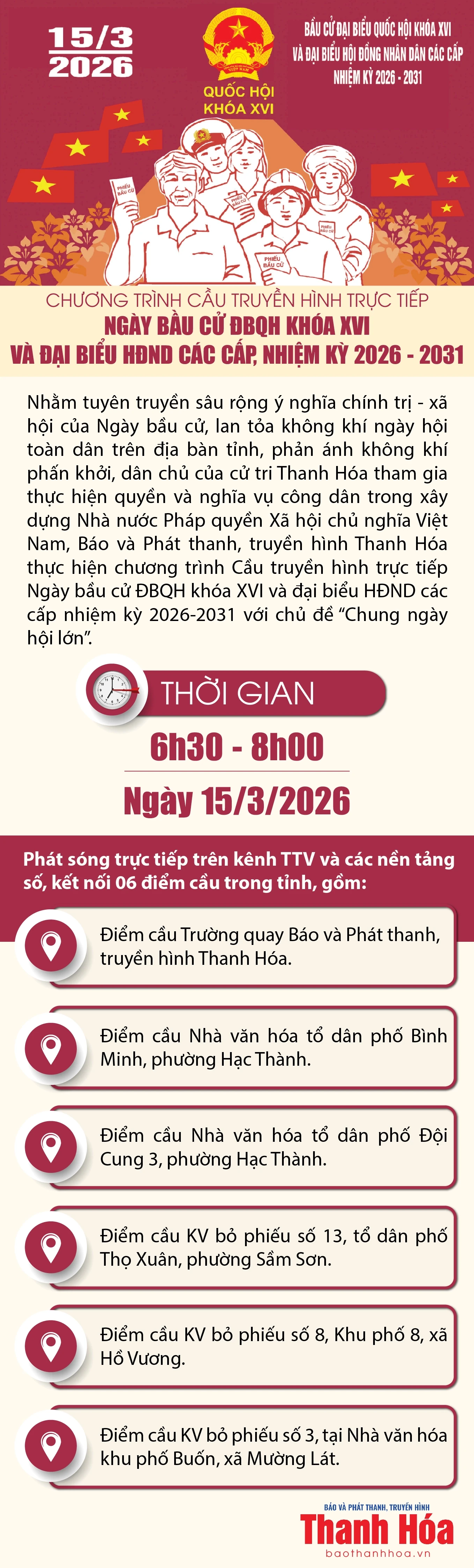 [Infographics] Chương trình Cầu truyền hình trực tiếp Ngày bầu cử ĐBQH khóa XVI và đại biểu HĐND các cấp, nhiệm kỳ 2026 - 2031