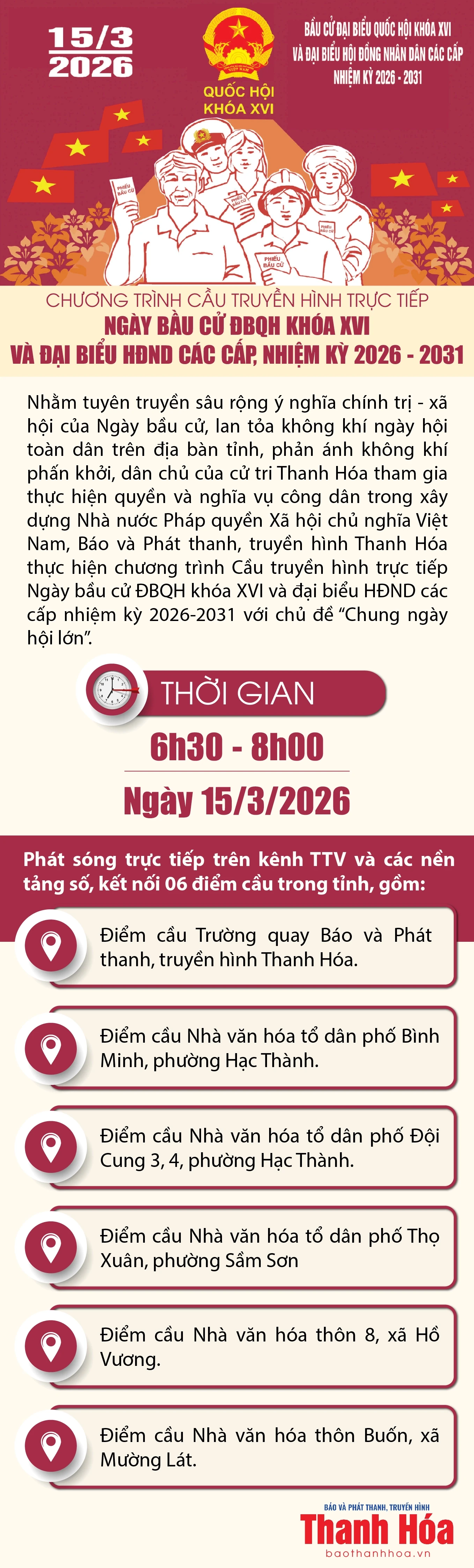 [Infographics] Chương trình Cầu truyền hình trực tiếp Ngày bầu cử ĐBQH khóa XVI và đại biểu HĐND các cấp, nhiệm kỳ 2026 - 2031