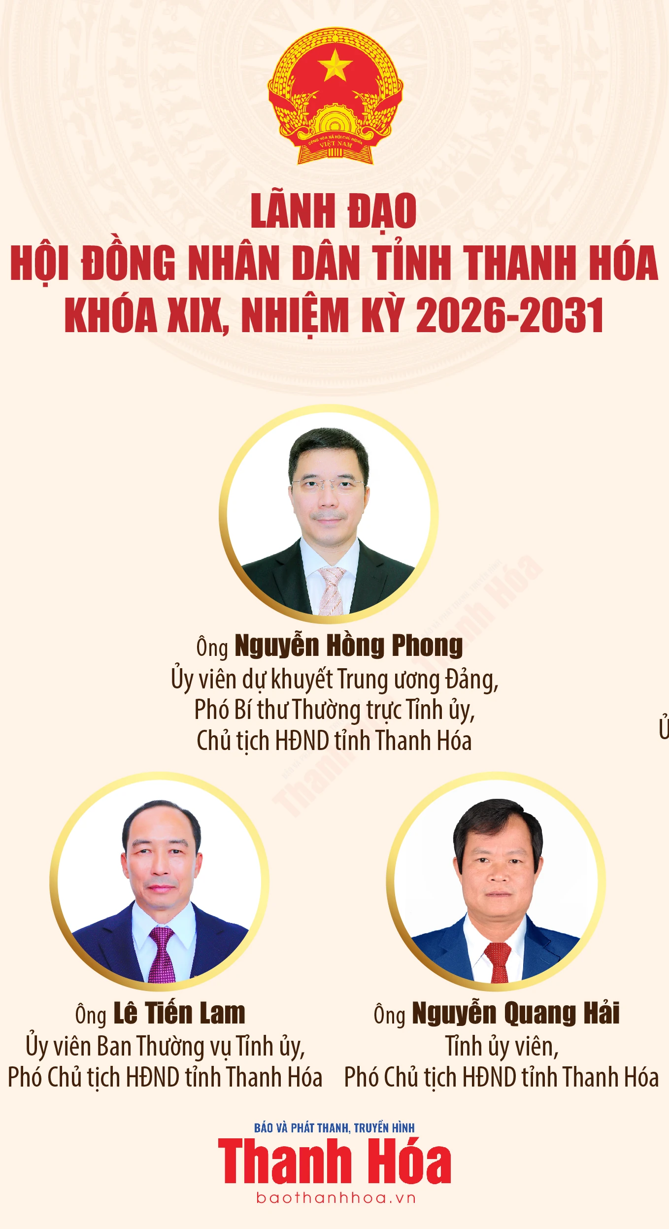 Lãnh đạo Hội đồng nhân dân tỉnh Thanh Hóa khóa XIX, nhiệm kỳ 2026-2031