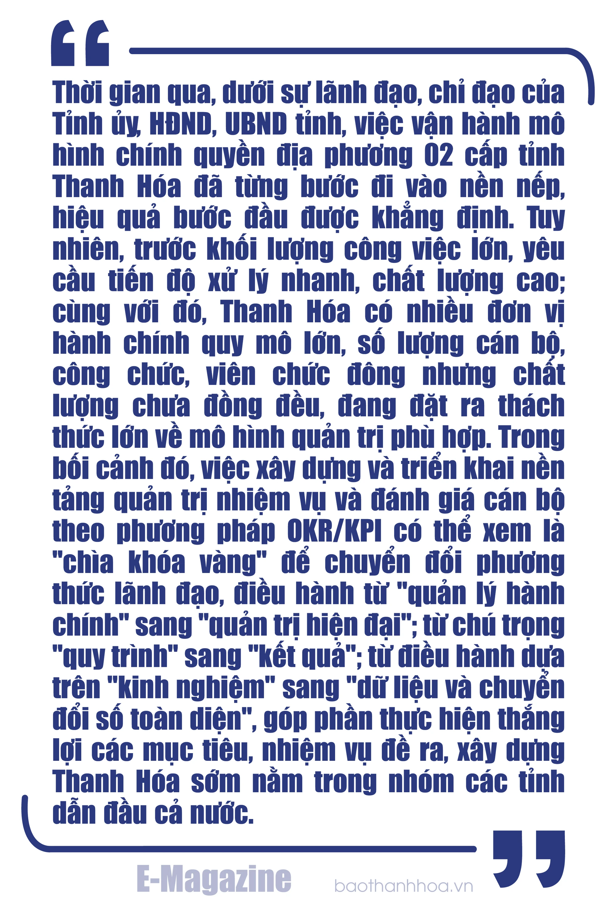 [E-Magazine] Ứng dụng nền tảng OKR/KPI để tạo đột phá thực chất trong quản trị hành chính công tại Thanh Hóa