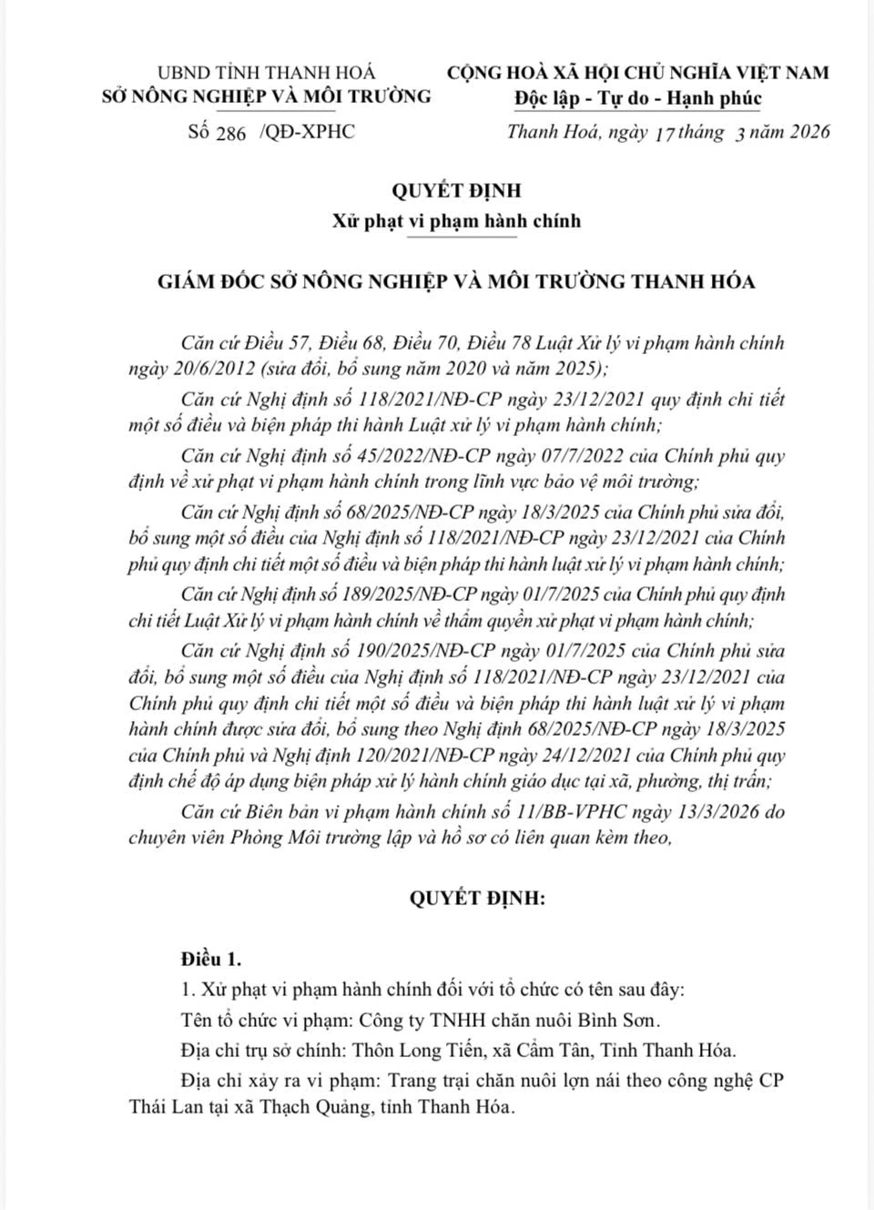 Xử phạt hơn 400 triệu đồng doanh nghiệp chăn nuôi xả thải vượt quy chuẩn