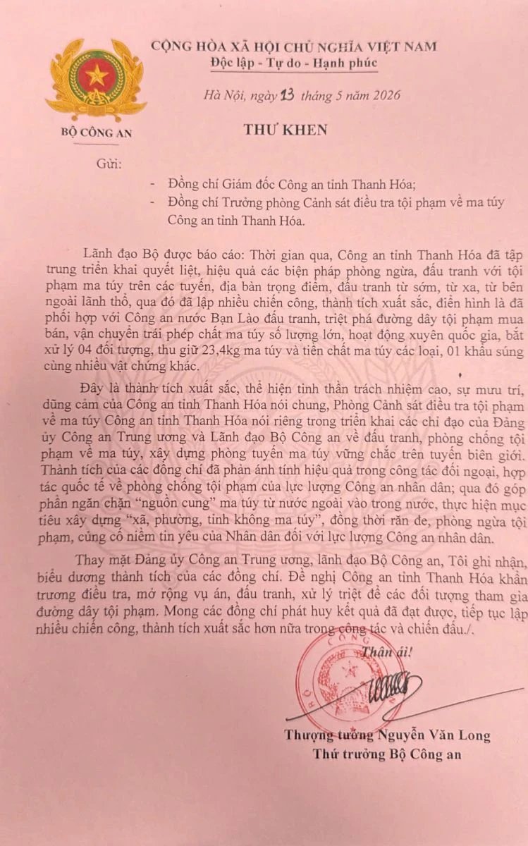 Biểu dương Công an Thanh Hóa với thành tích triệt phá đường dây ma túy xuyên quốc gia
