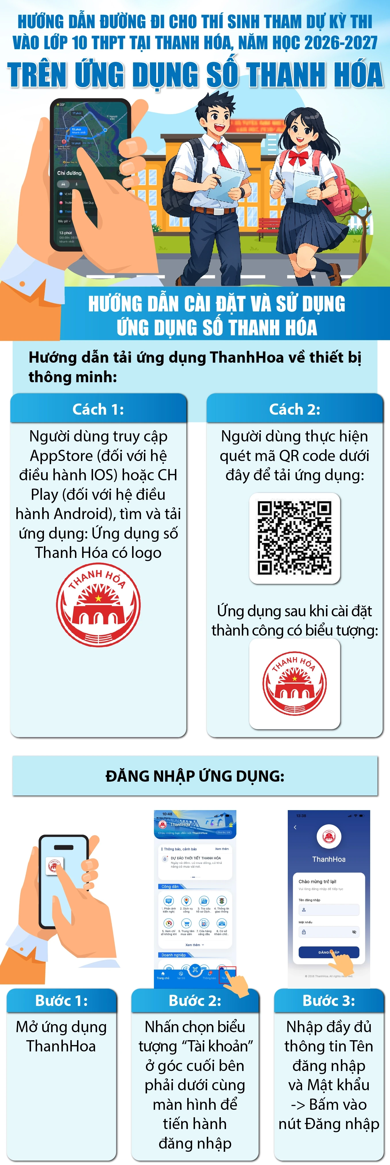 Hướng dẫn đường đi cho thí sinh tham dự kỳ thi vào lớp 10 THPT tại Thanh Hóa trên ứng dụng số Thanh Hóa