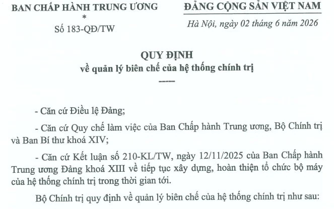 Toàn văn Quy định 183-QĐ/TW quản lý biên chế của hệ thống chính trị