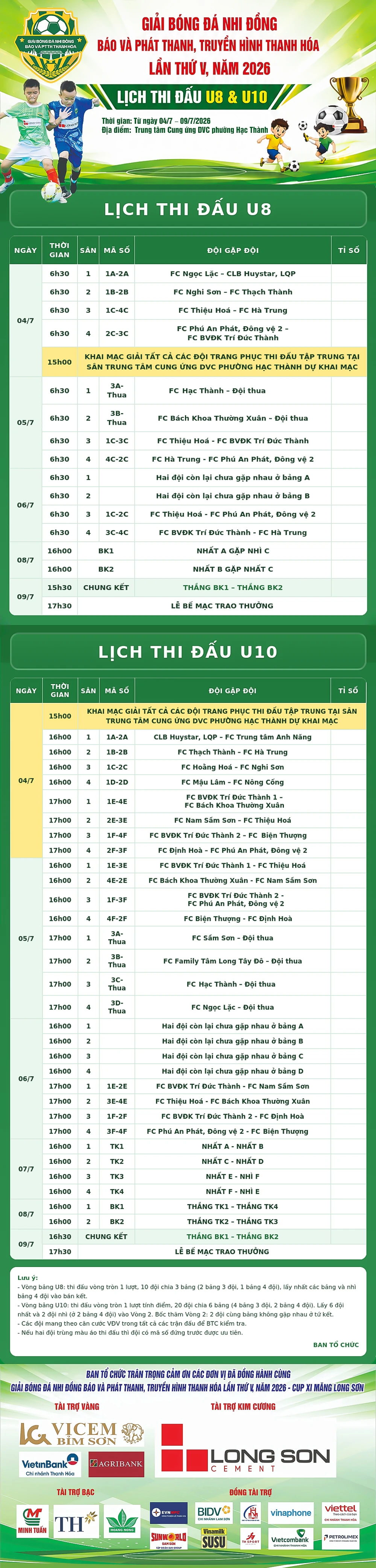 Lịch thi đấu Giải bóng đá Nhi đồng Cúp Báo và Phát thanh, truyền hình tỉnh Thanh Hóa lần thứ V, năm 2026