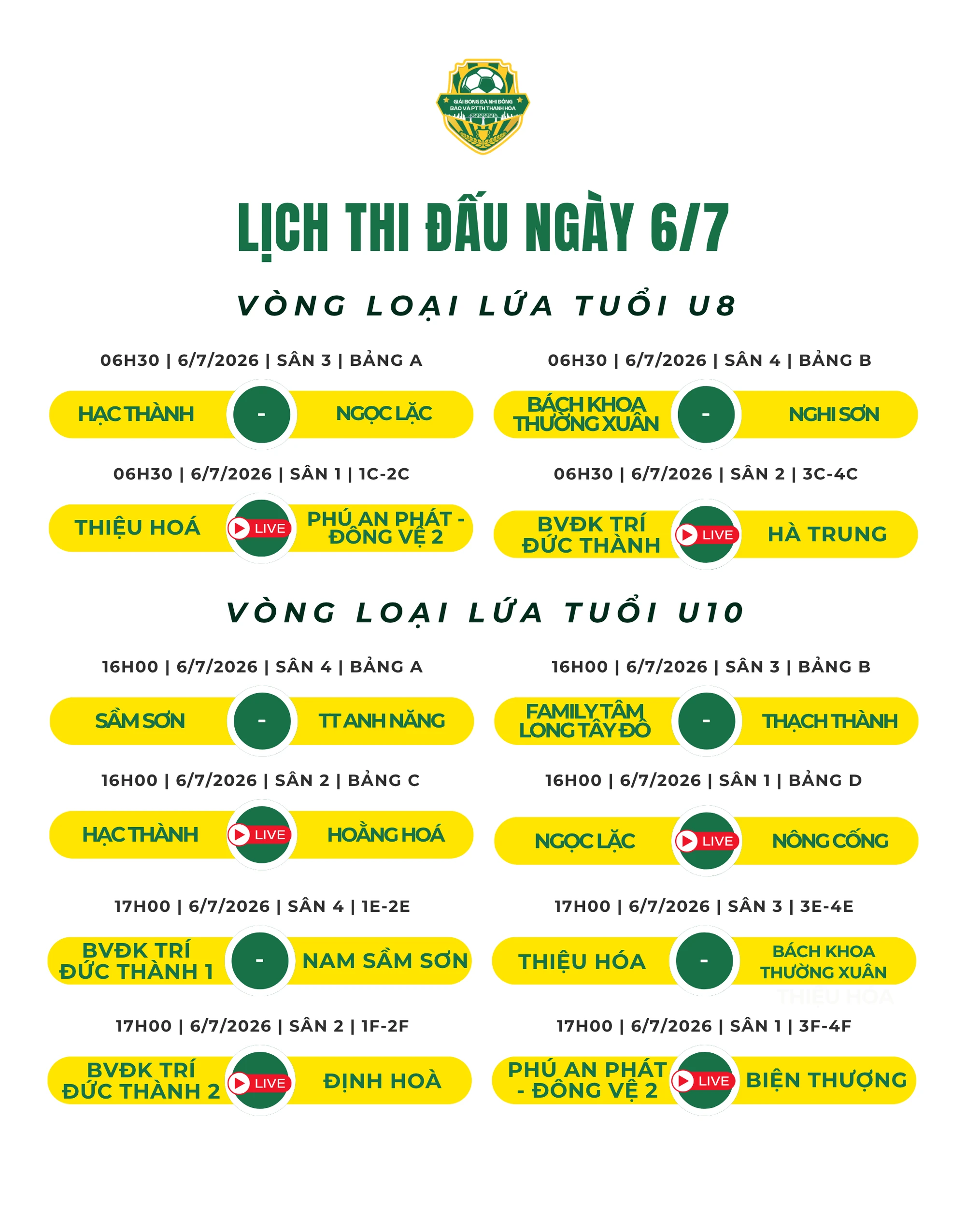 Lịch thi đấu ngày 6/7 Giải Bóng đá Nhi đồng Cúp Báo và Phát thanh, Truyền hình Thanh Hóa lần thứ V - năm 2026