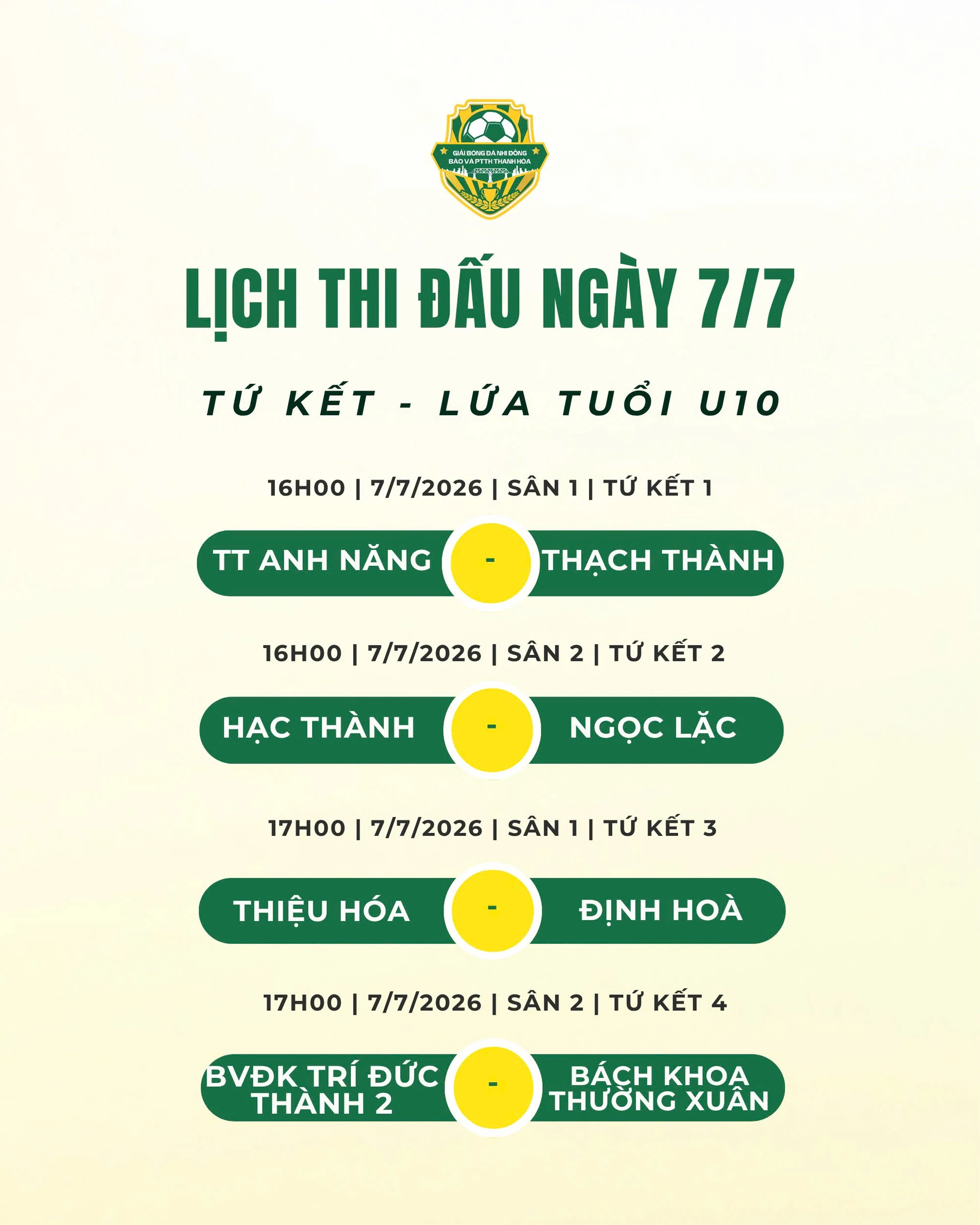 Lịch thi đấu ngày 7/7: Tứ kết U10 hứa hẹn nhiều trận cầu hấp dẫn