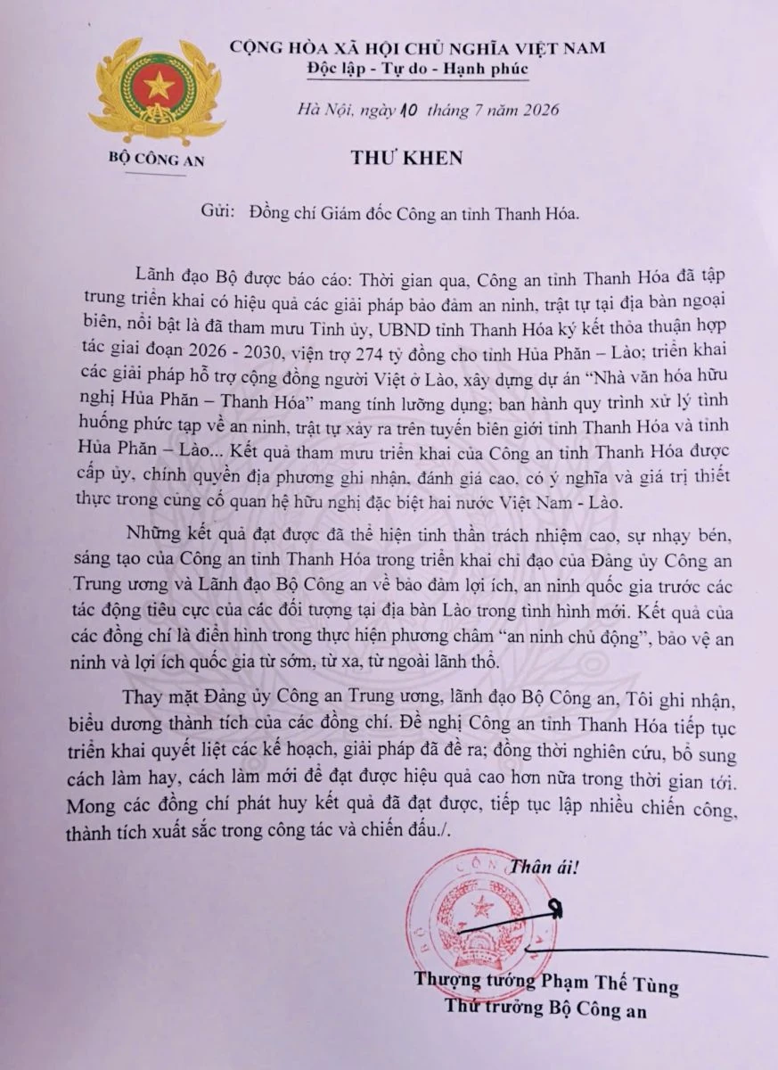 Lãnh đạo Bộ Công an gửi Thư khen Công an tỉnh Thanh Hóa