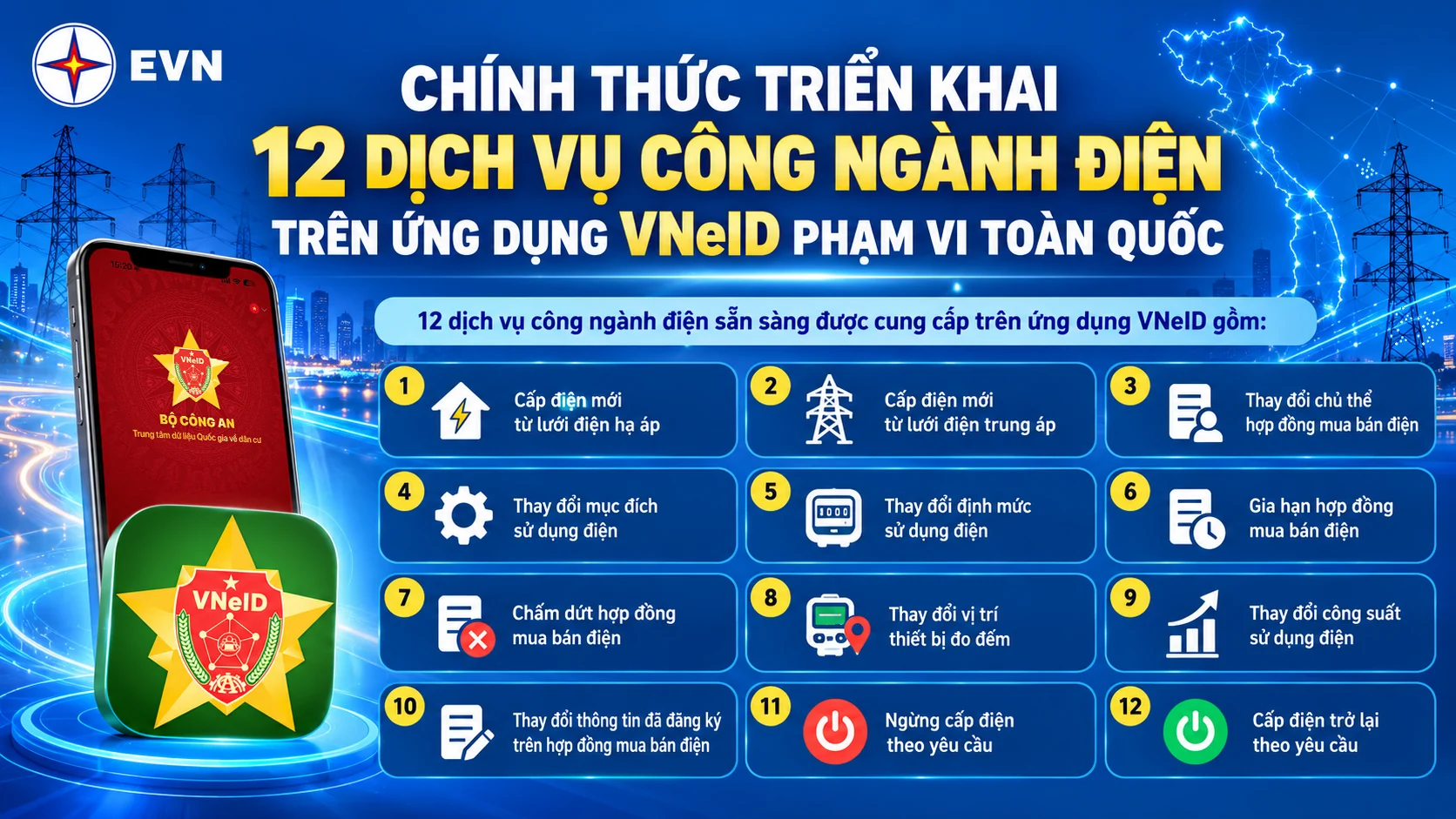 Chính thức triển khai toàn quốc 12 dịch vụ công ngành điện trên VNeID