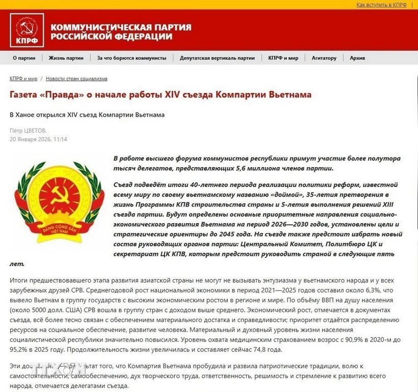Báo chí Nga đánh giá cao Đại hội XIV và định hướng phát triển vì Nhân dân