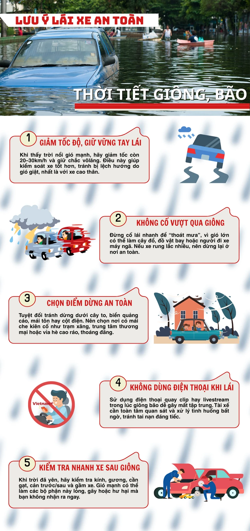 Tài xế cần lưu ý gì khi lái xe ôtô dưới thời tiết mưa lớn, giông bão?