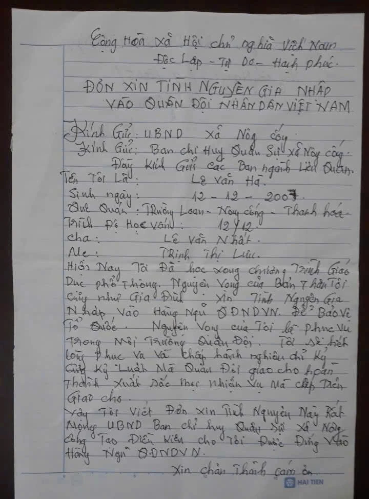 35 thanh niên xã Nông Cống viết đơn tình nguyện nhập ngũ năm 2026
