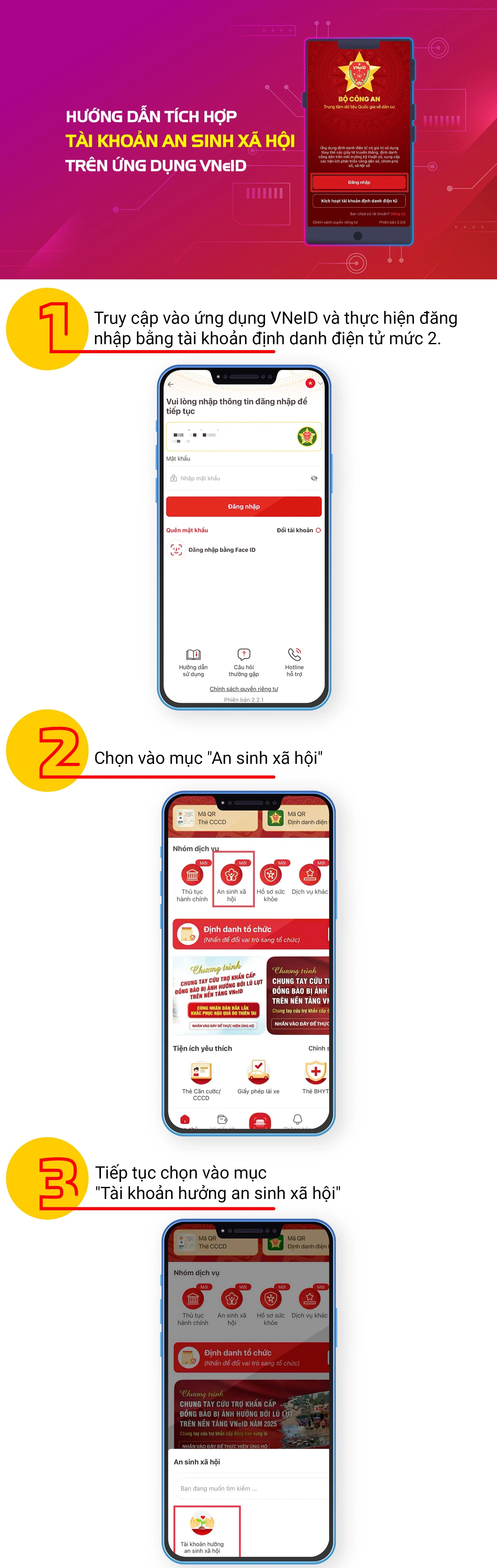 Hướng dẫn tích hợp tài khoản An sinh xã hội trên ứng dụng VneID