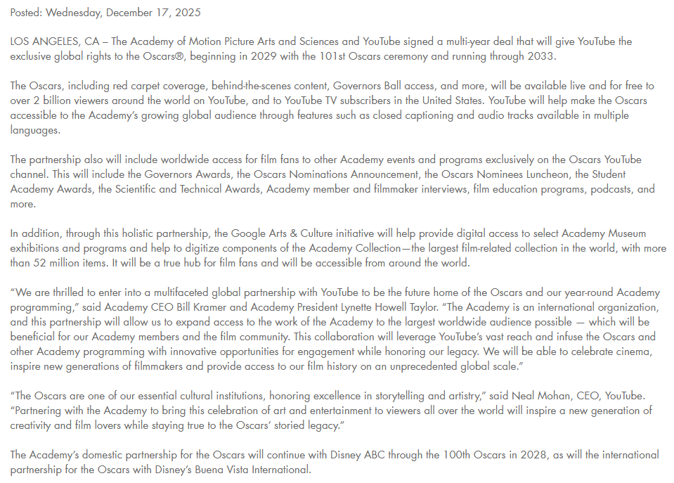 Lễ trao giải Oscar sẽ phát trực tiếp trên YouTube từ năm 2029