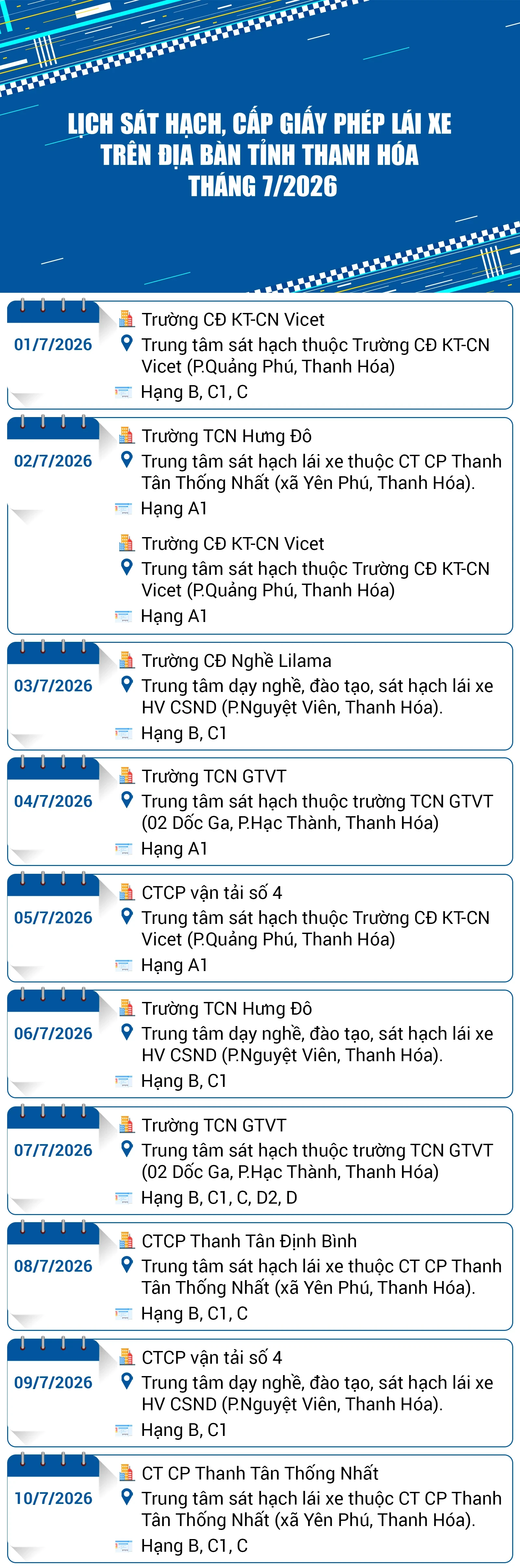Lịch sát hạch, cấp Giấy phép lái xe trên địa bàn tỉnh Thanh Hóa tháng 7/2026