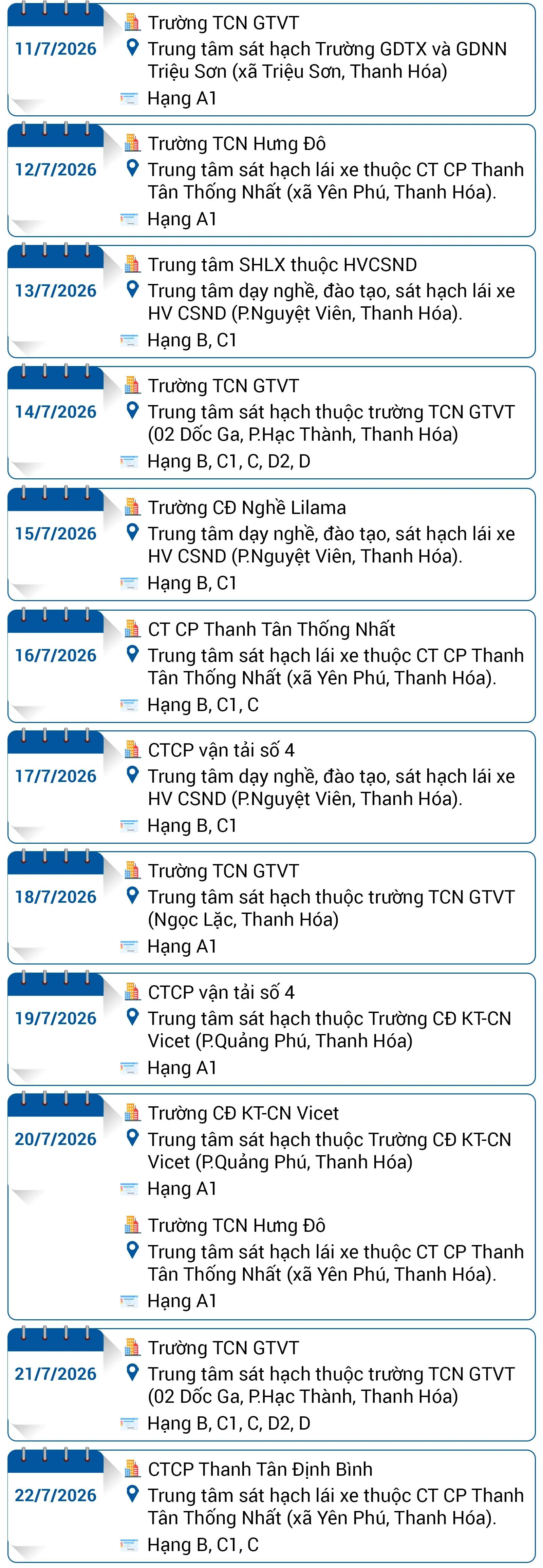 Lịch sát hạch, cấp Giấy phép lái xe trên địa bàn tỉnh Thanh Hóa tháng 7/2026