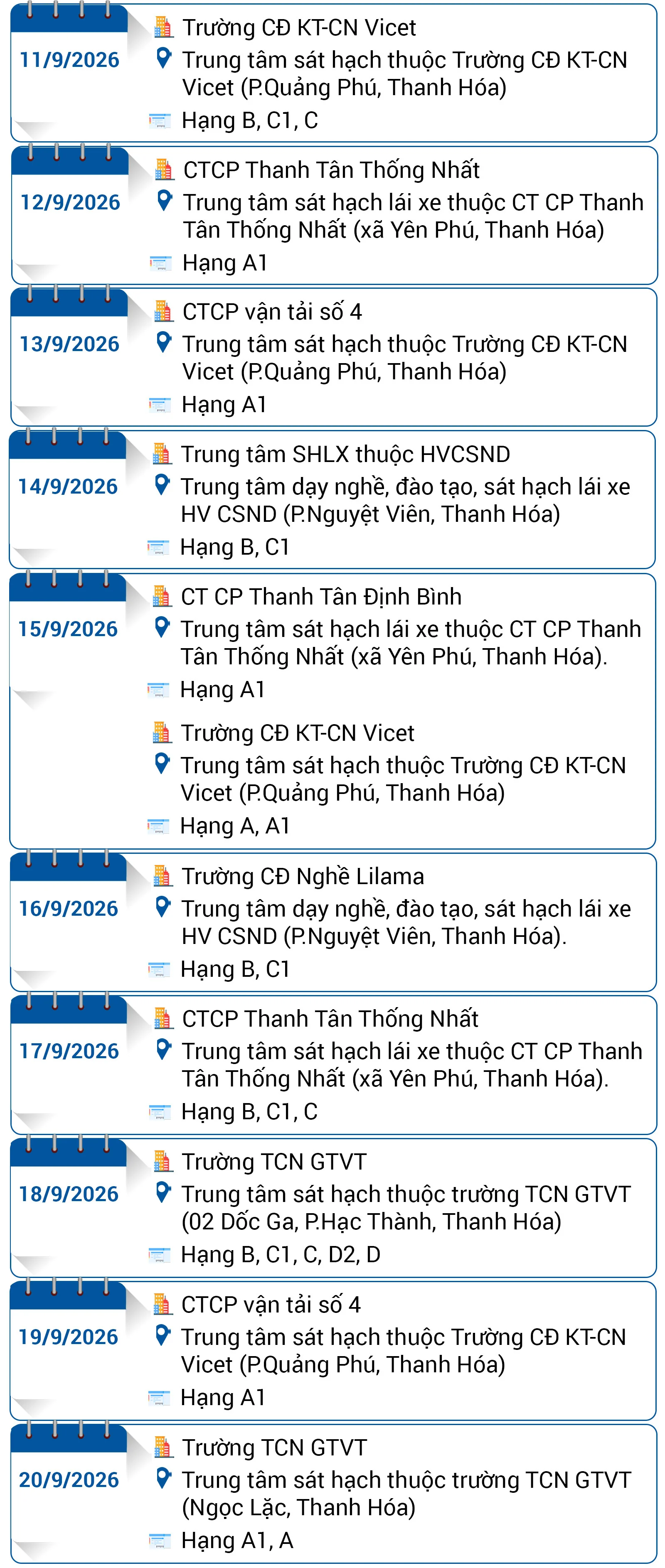 Lịch sát hạch, cấp Giấy phép lái xe trên địa bàn tỉnh Thanh Hóa tháng 9/2026