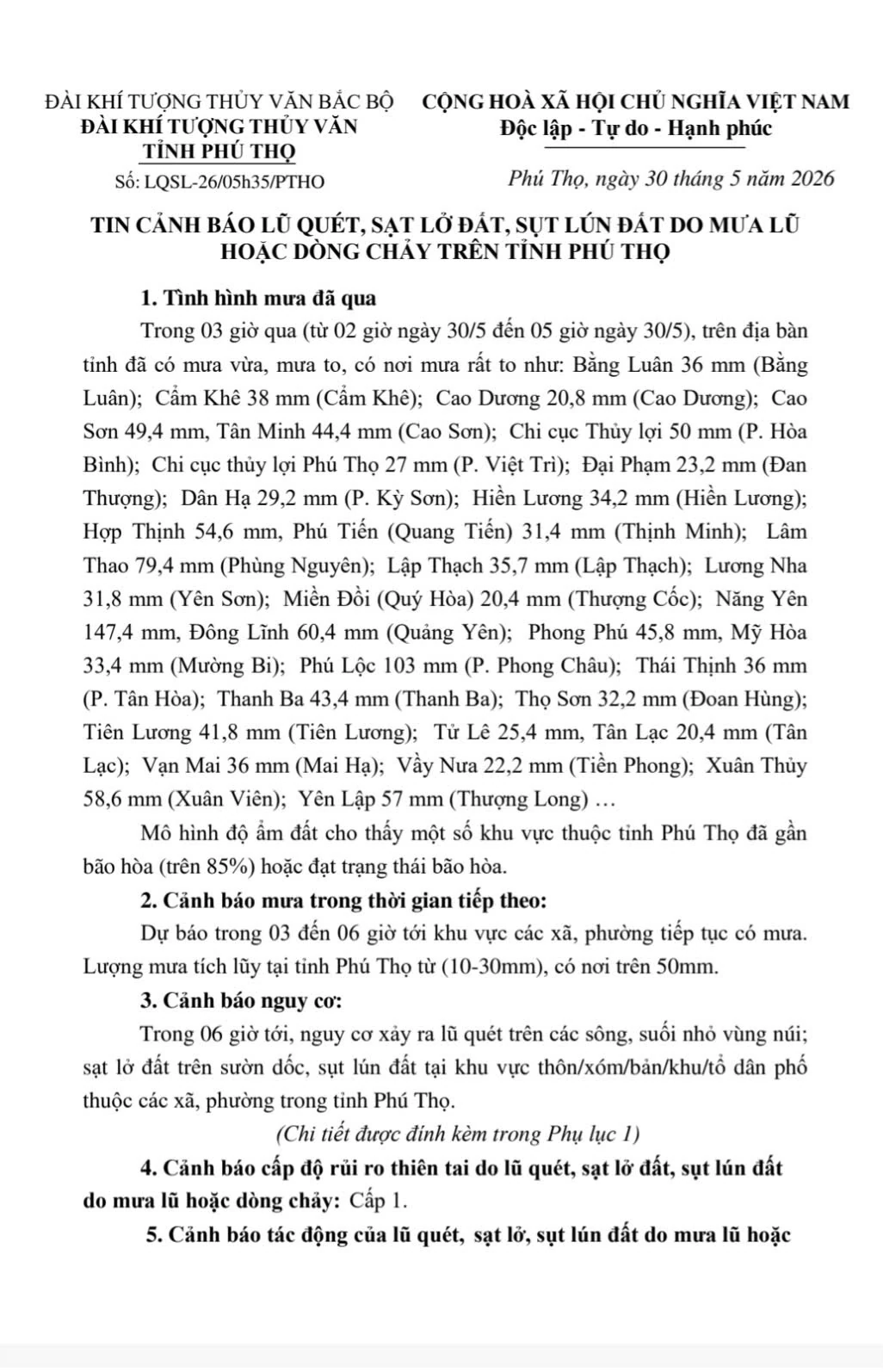 Đề phòng lũ quét, sạt lở đất do mưa lũ, dòng chảy ở Phú Thọ